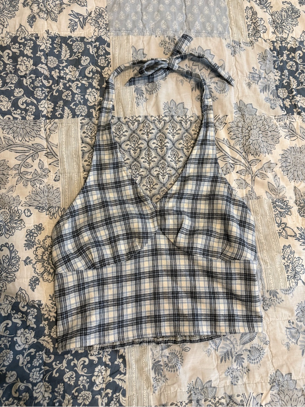 Hollister Blue and White Plaid Halter Crop Top